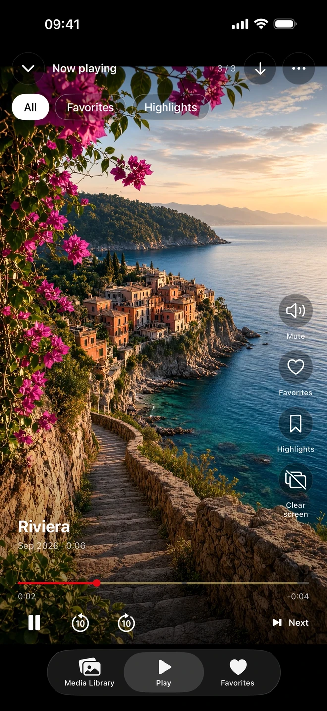 Private Play showing a coastal video in the full-screen player.